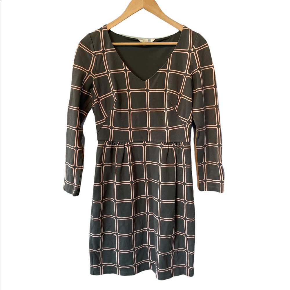 Boden grey block square print long sleeve dress size 6